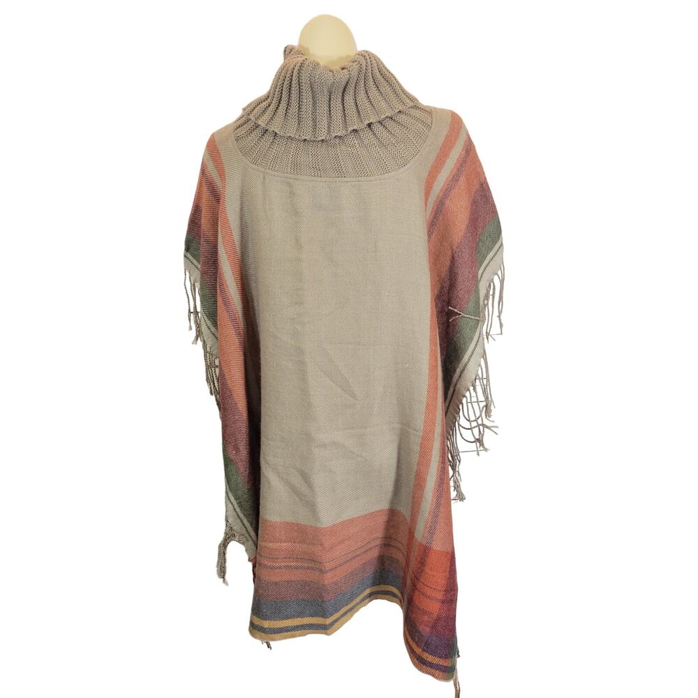 Multiples Poncho Blanket‎ Sweater Small Multicolor Cowl Neck Fringe Hem buttons